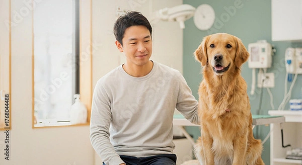 Obraz ペット保険の安心イメージ｜動物病院の診察室で穏やかに座るゴールデンレトリーバーと飼い主の男性、自然光のやわらかな雰囲気・心温まる表情・健康診断・予防接種・保険加入-生成AI