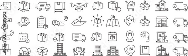 Obraz ベクターでモノクロの引っ越しに関する線画アイコンセット

