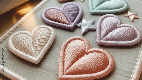 Fototapeta Pastel Heart Embellishments on Gray Fabric for Valentines Day Crafts