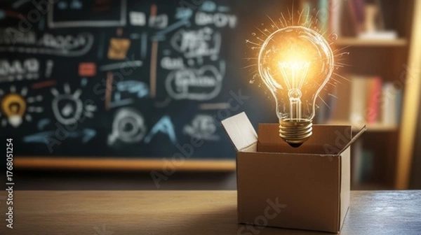 Fototapeta Glowing light bulb rising from a cardboard box with sketch elements, symbolizing creativity, innovation, thinking outside the box, new ideas, learning, and brainstorming in education or business.