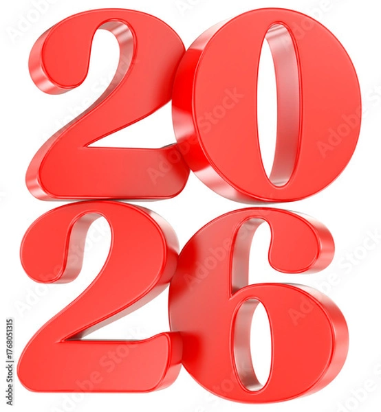 Obraz Red 2026 Glossy 3D Numbers Isolated on a White Background Symbolizing the New Year and Future Goals