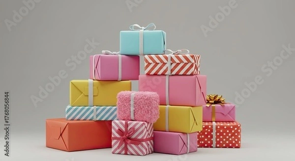 Fototapeta Stacked Colorful Gift Boxes with Ribbons on Neutral Background