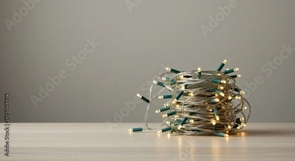 Fototapeta Tangled String Lights with Warm Glow on Light Wood Surface