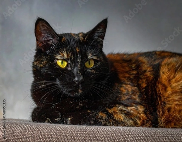 Fototapeta A close-up shot of a relaxed, tortoiseshell cat resting indoors