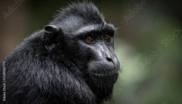 Fototapeta Close Up Portrait of a Rare Black Celebes Crested Macaque Monkey in Lush Green Habitat