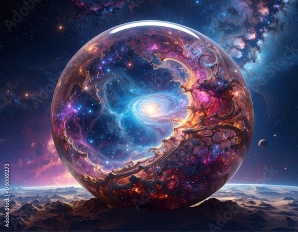 Fototapeta A cosmic orb contains a vibrant galaxy swirling in space