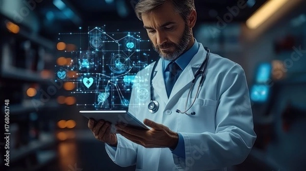 Fototapeta Focused male doctor in white coat with stethoscope using tablet with futuristic medical icons floating in dark modern environment