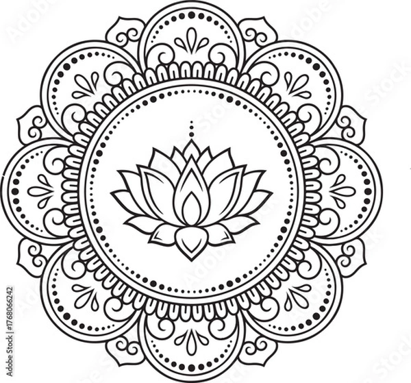 Fototapeta  Circular Mandala Lotus Flower Design – Intricate Henna Mehndi Pattern Vector for Spiritual Art, Yoga Decor, Meditation Symbol, and Traditional Boho Ornamental Design