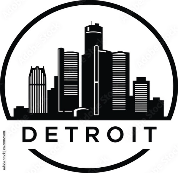 Fototapeta Detroit skyline logo vector with modern skyscrapers in circle design, minimalist cityscape silhouette for prints, branding, and merchandise