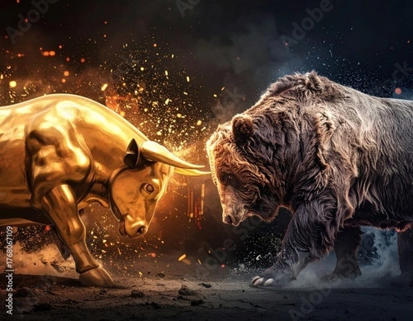 Fototapeta A golden bull and a grizzly bear face each other in conflict