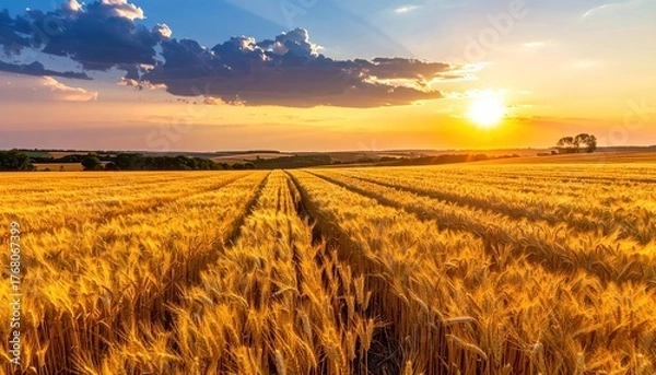 Fototapeta A golden wheat field glows at sunset under a dynamic, cloudy sky