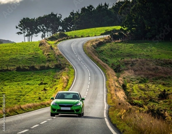 Fototapeta A green vehicle traversing a winding road through a lush, green landscape