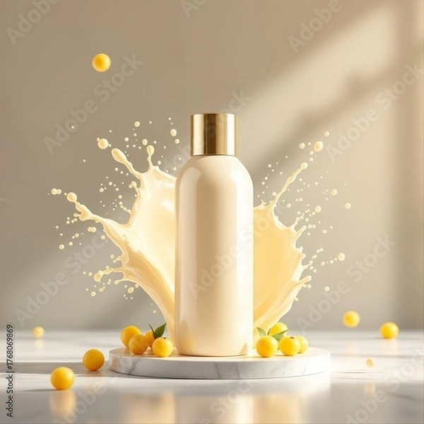 Fototapeta Cosmetic Essence Bottle Mockup with Splash Motion and Fruits