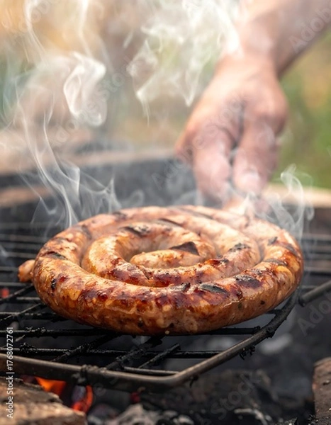 Fototapeta A spiral sausage is grilled on a barbecue with smoke