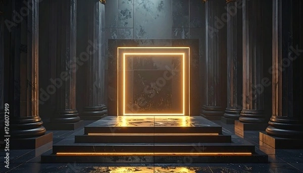 Fototapeta A throne room features glowing, geometric designs and pillars