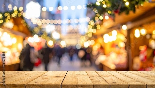 Obraz クリスマスマーケットの背景と木製のテーブル