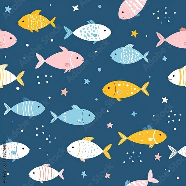 Fototapeta Cartoon fish in various colors on a dark blue background with stars