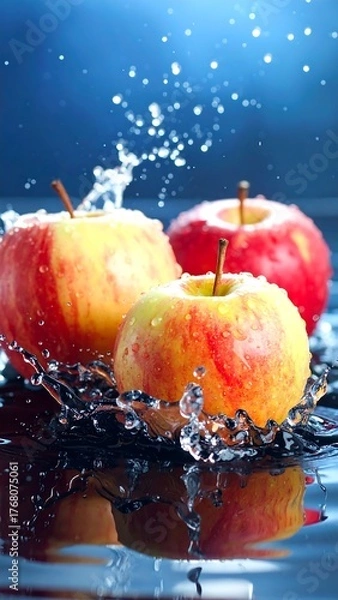 Fototapeta Close-up of three ripe apples being splashed with water