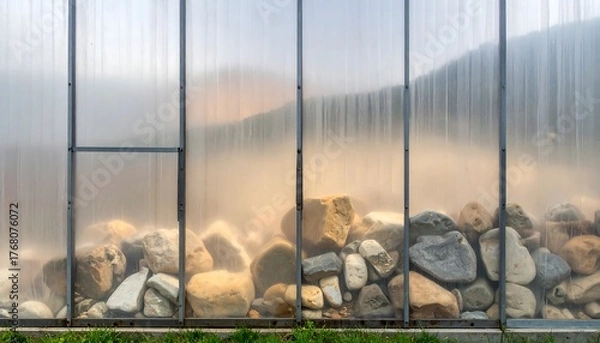 Fototapeta Greenhouse exterior with rocks and mountains visible through panels