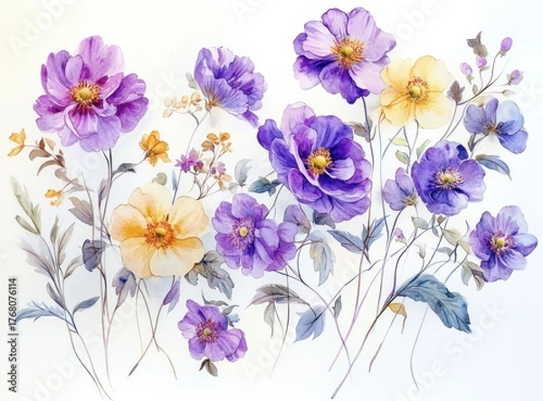 Fototapeta Delicate watercolor painting of various purple and yellow flowers with slender stems and soft leaves on a white background conveying a calm and elegant mood