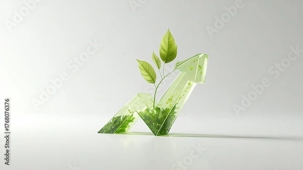 Obraz Conceptual 3D illustration of green finance and new opportunity. Plant sprout grows inside a transparent upward arrow chart. Eco-friendly development and success. Minimalist background.