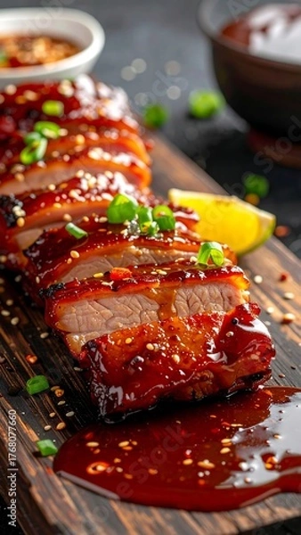 Fototapeta Sliced cooked meat glazed with a shiny sauce, presented on wooden board