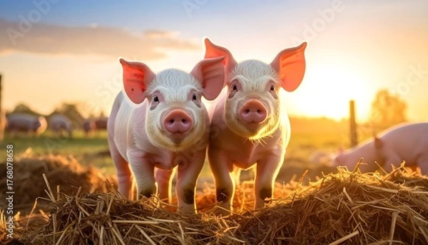 Fototapeta Two pink piglets posing in a field during a golden sunset