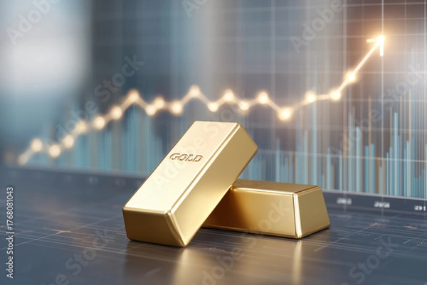 Obraz ゴールドチャートと金のインゴット　インフレ対策として有効な金投資のイメージ