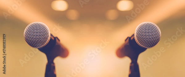 Fototapeta Close-up microphone for press conference speaker reports interview concepts or broadcasting public speaking speech presentation stage performance and reporter news with empty copy space background.