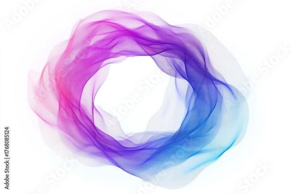 Fototapeta Abstract translucent circular wave made of flowing mesh fabric in gradient colors from pink to purple to blue against a white background, evoking motion and fluidity