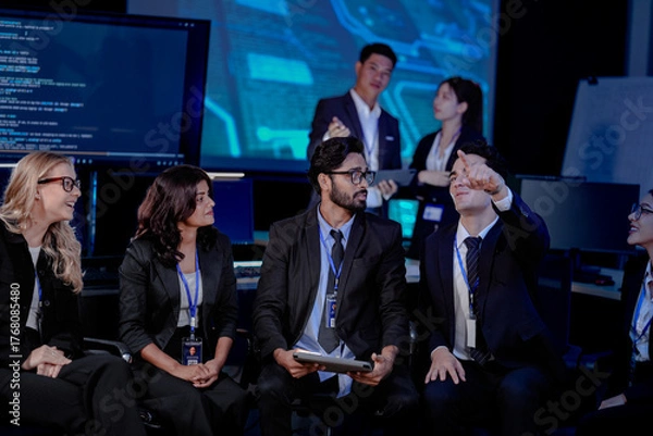 Fototapeta A large IT department meeting in a command center (SOC). An Indian analyst holds a tablet, listening with his team to a cybersecurity update on an AI system.