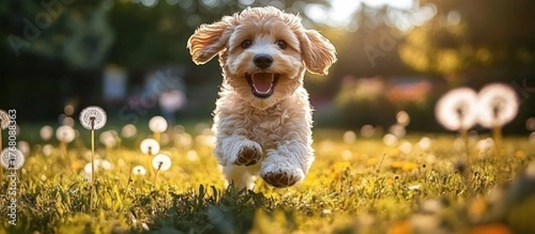 Fototapeta happy fluffy small dog running joyfully through a sunlit meadow filled with dandelions and green grass during golden hour