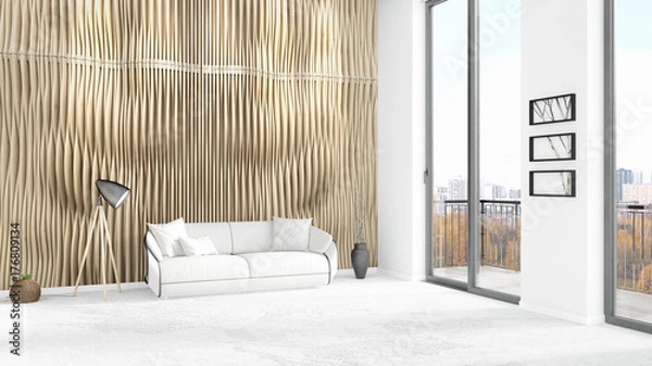 Fototapeta Brand new white loft bedroom minimal style interior design with copyspace wall and view out of window. 3D Rendering.