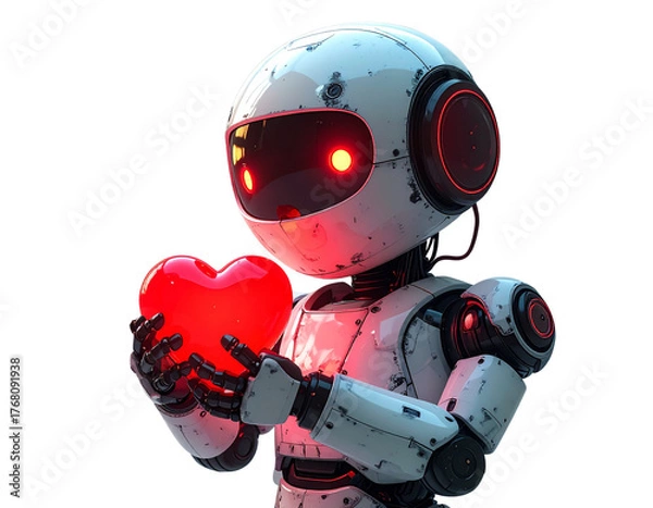 Obraz A charming vintage-style robot with glowing red eyes holds a luminous heart, symbolizing artificial intelligence and love