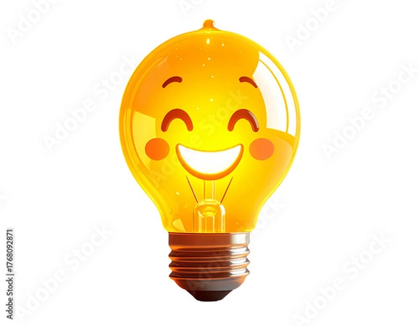 Obraz Creative concept of a smiling light bulb character, a symbol of bright ideas, happiness, and inspiration, glowing with warmth on a white background