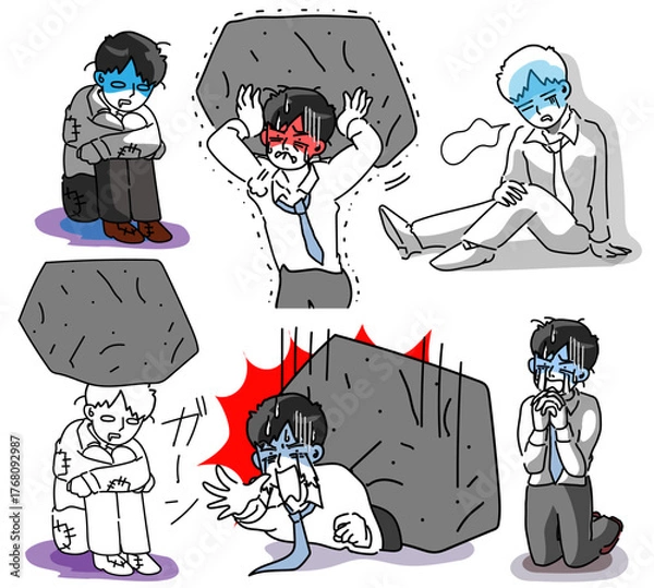 Obraz 岩が頭に落ちてきて絶望し真っ白になる若手社員のベクターセットイラスト