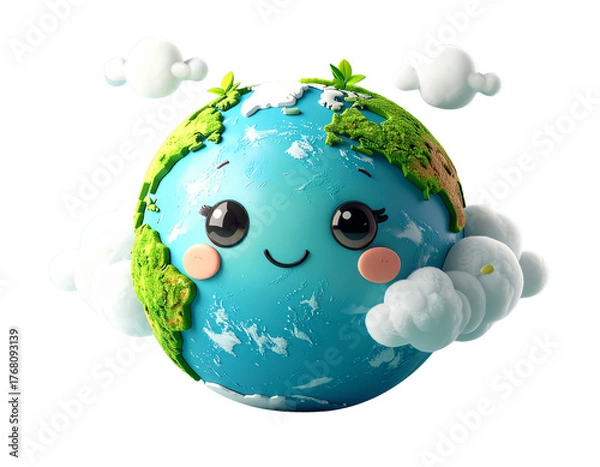 Obraz A cute and happy 3D cartoon illustration of planet Earth smiling. The adorable world character is surrounded by clouds, representing a clean environment