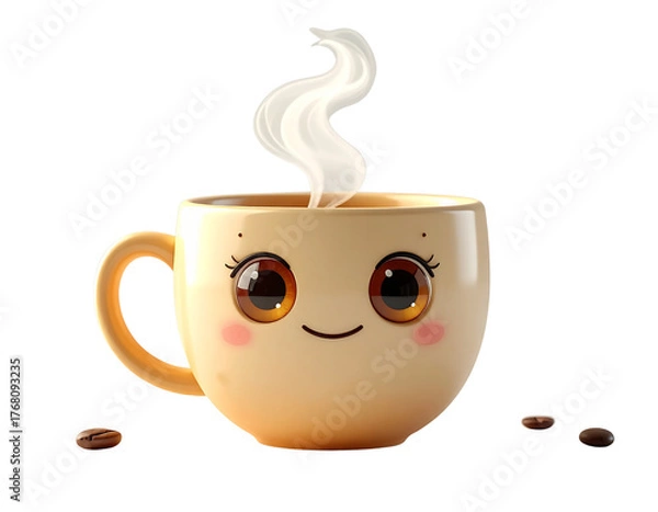 Obraz Cute kawaii coffee mug character with a smiling face and big glossy eyes, steaming hot with fresh coffee beans on an isolated white background