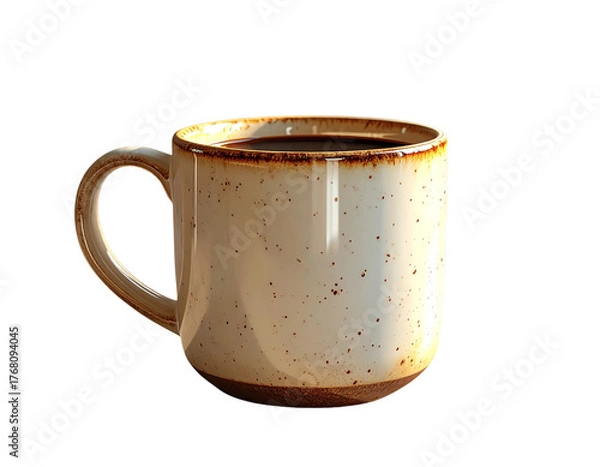 Obraz A rustic speckled ceramic coffee mug filled with dark black coffee, isolated on a clean white background for easy editing