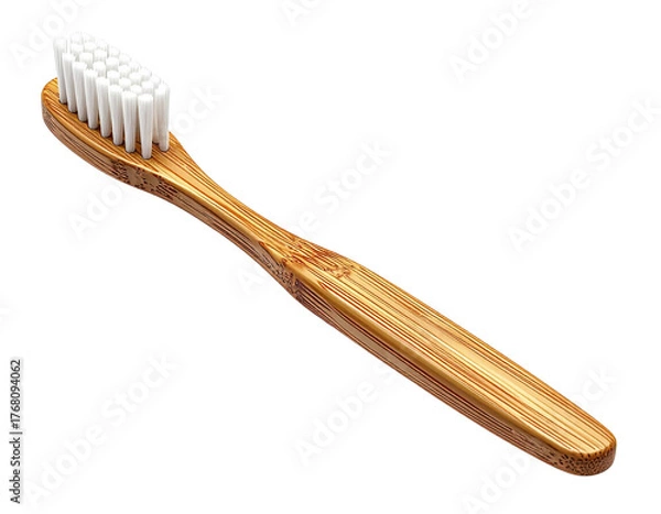 Obraz Eco-friendly bamboo toothbrush with soft white bristles for daily oral hygiene and sustainable dental care, isolated on a white background