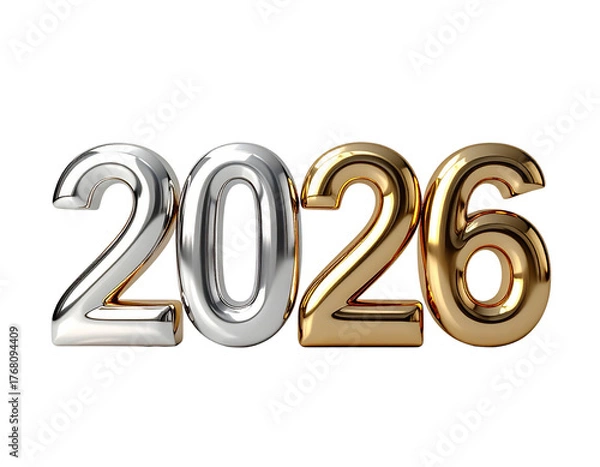 Obraz Golden and silver numbers forming the year 2026 in a bold 3D style, symbolizing a new year, future events, and celebrations on a white backdrop