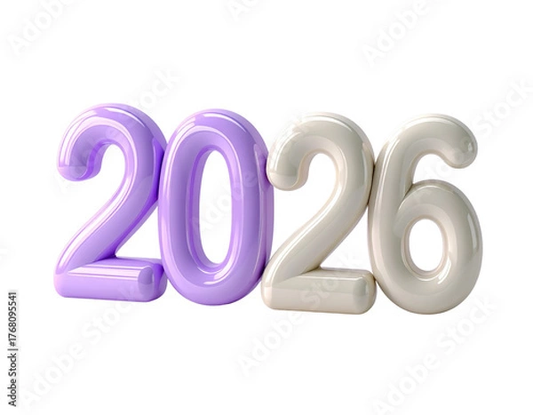Obraz A glossy 3D illustration of the number 2026 in pastel purple and off-white colors, isolated on a white background for New Year concepts