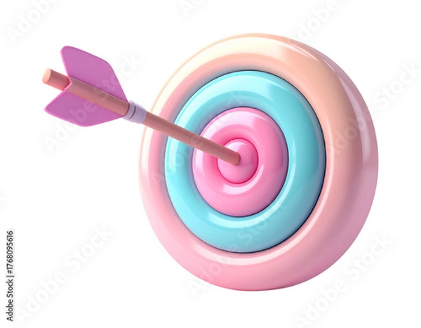Obraz Stylized 3D icon of an arrow hitting the center of a glossy pastel target, illustrating business strategy and success