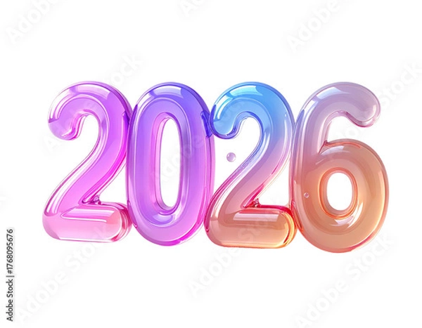 Obraz Futuristic 2026 New Year design element featuring glossy, inflatable numbers with a vibrant pink, purple, and orange gradient