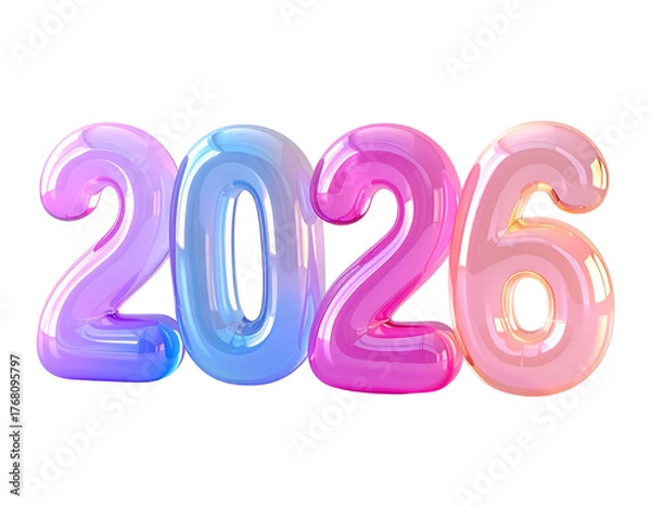 Obraz Vibrant glossy inflatable balloon numbers for the New Year 2026 celebration, isolated on a white background