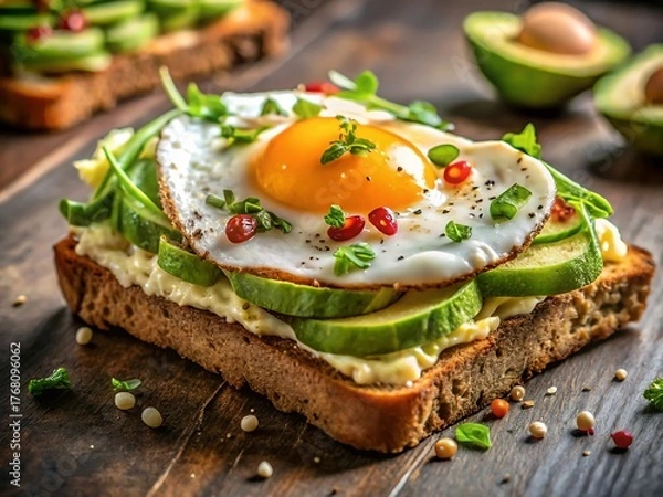 Fototapeta Avocado toast with fried egg