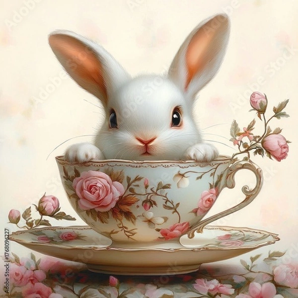 Fototapeta adorable white bunny peeking out of a delicate floral teacup with matching saucer adorned with pink roses and green leaves