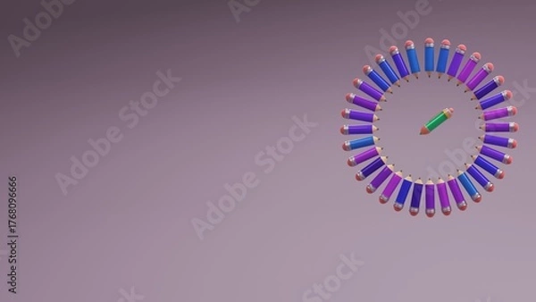 Fototapeta Color pencils and pen arranged in circular pattern on pastel background