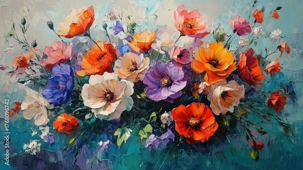 Fototapeta Vibrant bouquet of mixed colorful flowers including orange, purple, white, and pink blooms with green leaves on a textured blue background, evoking freshness and beauty