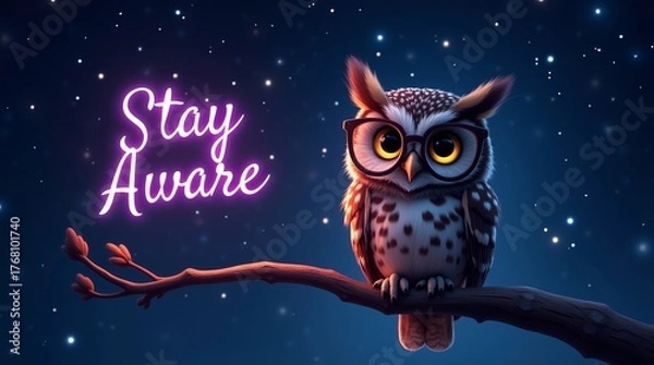 Fototapeta A whimsical cartoon owl with glasses perched on a branch, glowing stars in the backdrop, and the text 'Stay Aware' in neon.